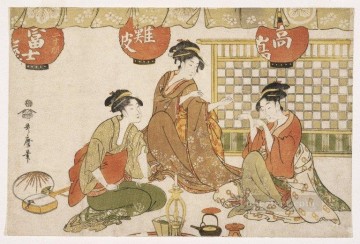 浮世絵 Painting - 提灯を持った三人官女 喜多川歌麿 浮世絵美人画